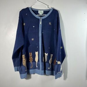 Vintage The Quacker Factory Cats Silhoutte Moon Zip Cardigan 3X Navy